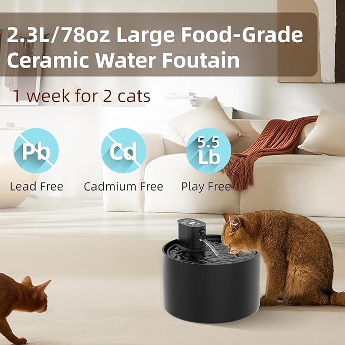 Ceramic Cat Water Fountain,2.3lL/78oz Cat Water Fountain Cordless, Automatic pet Water Fountain with Ultra-Quiet Pump and 4 Filter for Cats, Dogs, Multiple Pets