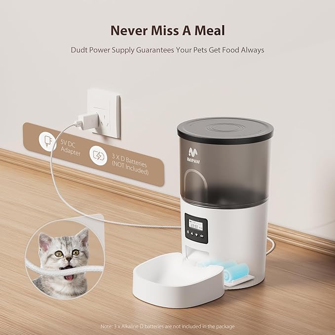Automatic Cat Feeder and Water Fountain, Timed Pet Dry Food Dispenser, Programmable Portion Control, 1-6 Meals Per Day, Cat Fountains for Drinking with Filter, Small Pets (3L Combo)