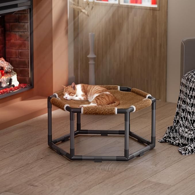 Tresbro Cat Bed, Hexagon Warm Elevated Cat Bed with Thick Teddy Velvet & Anti-Slip Pads, Raised Cat Hammock Bed for Indoor and Outdoor Use, 20.5'' x 18'' x 9.4'' Cat Hammock for Medium to Small Cats