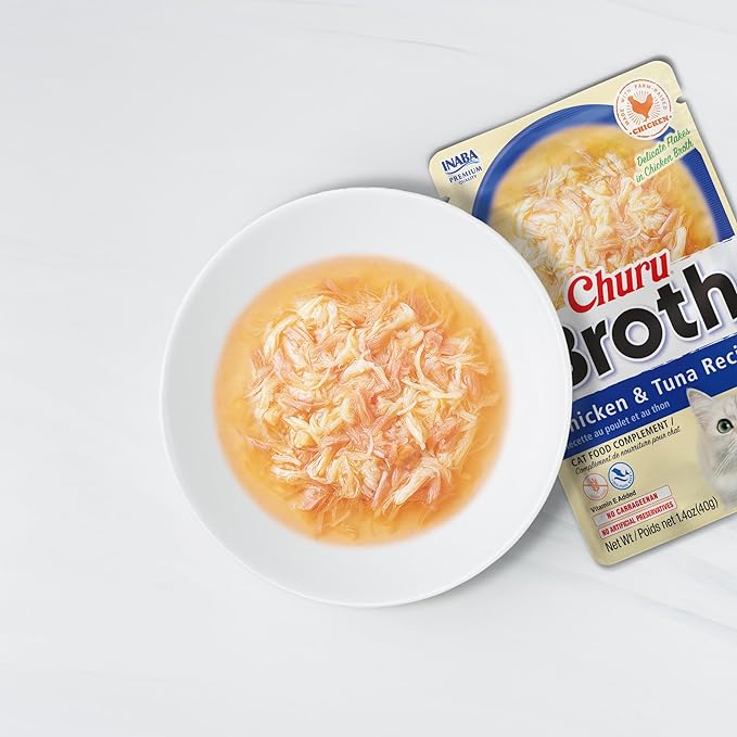 INABA Churu Broth for Cats, Creamy Broth with Shredded Chicken Side Dish Pouch, 1.4 Ounces per Pouch, 12 Pouches, Chicken with Salmon Recipe
