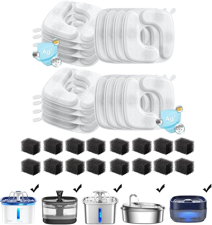 Veken Cat Water Fountain Filters, 16 Pack Replacement Filters & 16 Pack Replacement Pre-Filter Sponges Set for 67oz, 95oz, 135oz Automatic Pet Fountain Dog Water Dispenser