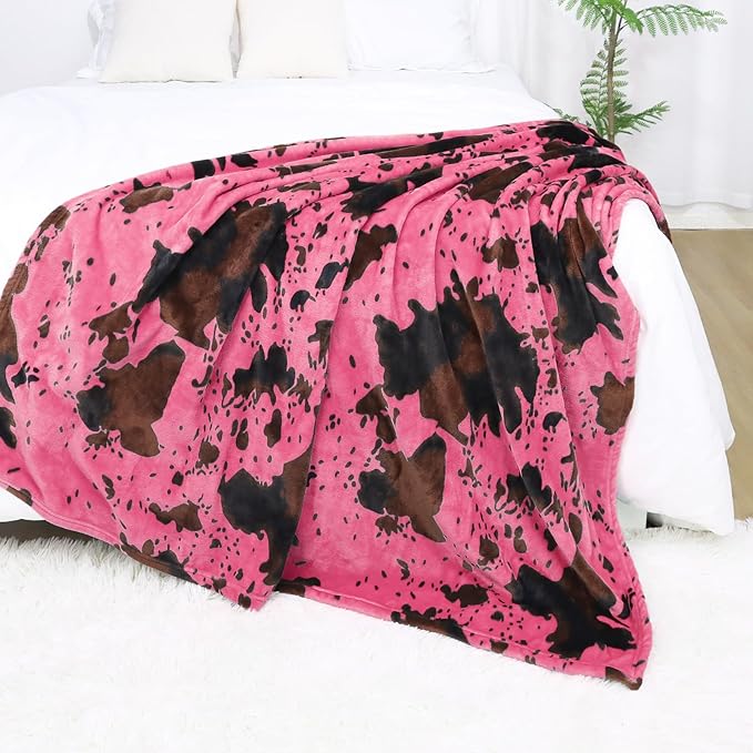 Hot Pink Cow Blanket Flannel Fleece Throw Blanket Soft Cozy Black Cow Print Blankets for Bed Couch Sofa 50x60 inch
