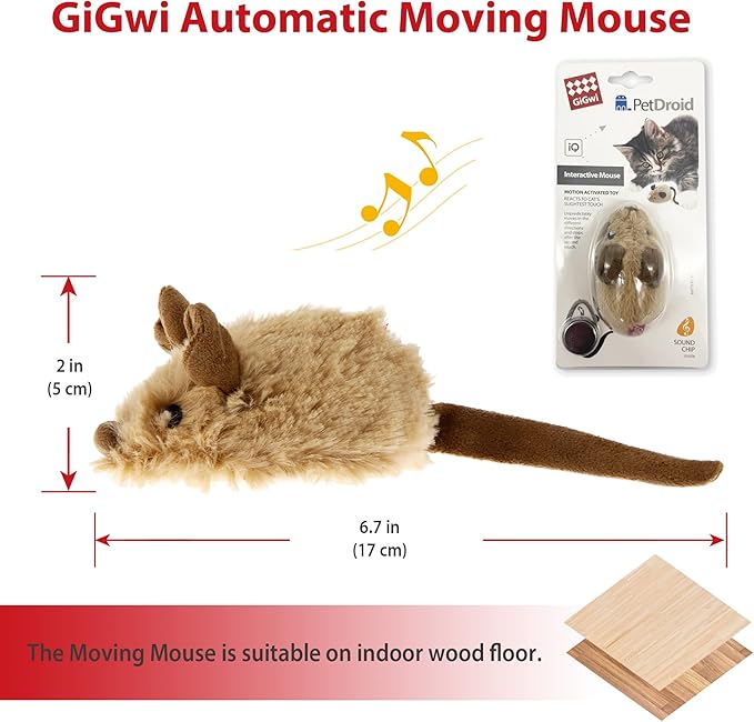 Gigwi Interactive Cat Toys for Indoor Cats, Cat Mouse Toys with Electronic Realistic Squeaky Sound, Automatic Moving Kitten Toys Electric Mice Toy Self Play Exercise(Brown Ear)