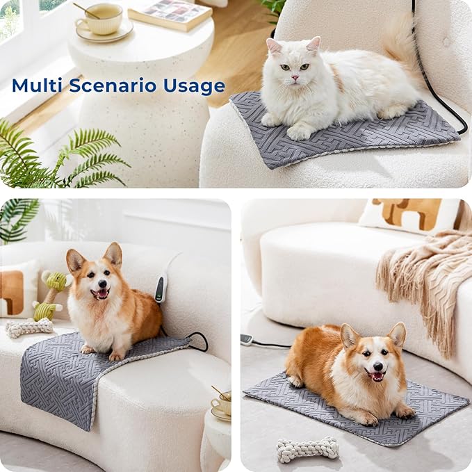 Pet Heating Pad - 11 Adjustable Temperature and 25 Timer Options, Heated Cat Bed Indoor Waterproof with Chew-Resistant Cord for Small Dogs, 18x18 Inch
