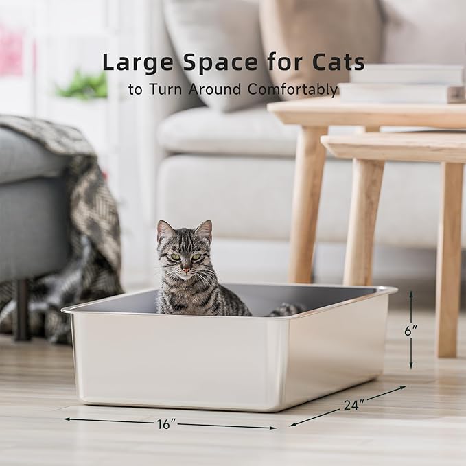 High-Sided Stainless Steel Cat Litter Box,Stainless Steel Litter Box with Lid,Extra Large Litter Box,Easy-to-Clean Metal Litter Pan for Cats (24''L X 16''W X 6''H only pan)