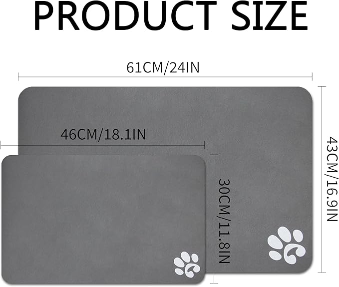 YCT Pet Cat Food Mats for Dog Food Mat, Cat Mat for Food, Pet Dog Cat Feeding Mat Eating Mat Pet Dog Cat Bowl Mats, Non-Slip Super Absorbent, with Footprints Logo,24 x 16.9 inches, Dark Grey