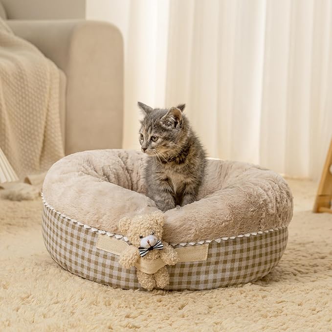 Jiupety Teddy Donut Bed for Indoor Cats, Washable & Warm Small Dog Bed, Cute Fluffy Round Kitten Bed, Suitable for Cat and Puppy, Anti-Slip Calming Princess Kitty Bed, Camel, 20"×20", Fit 12lbs