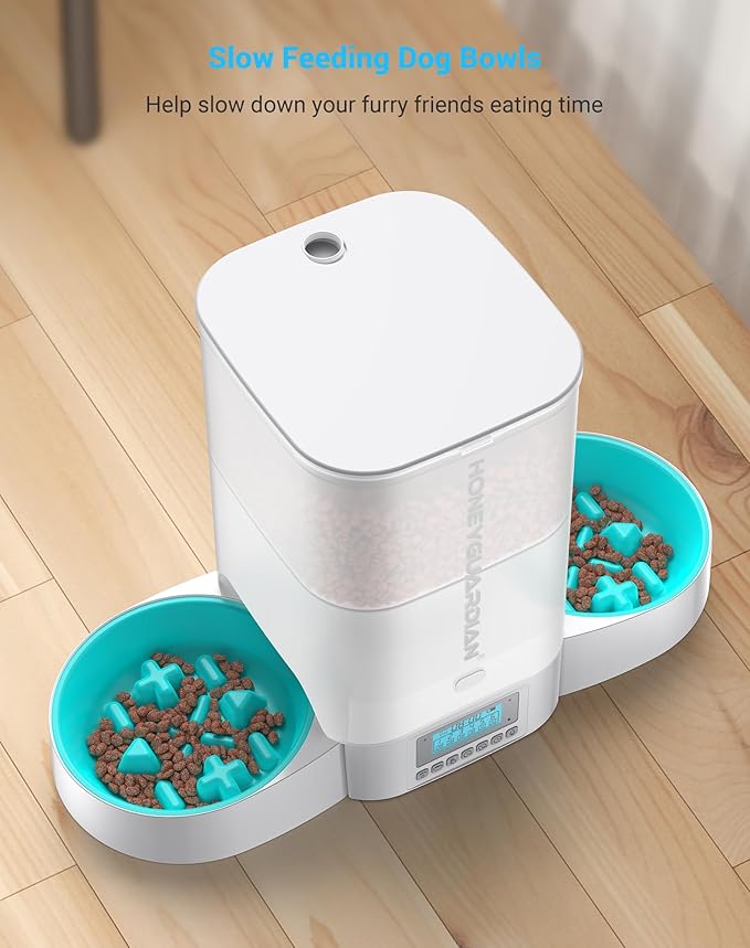 HoneyGuaridan Automatic Cat Feeder for Two Cats,3.5L Cat Food Dispenser with Slow Bowl,Timed Feeder Programmable 1-6 Meals Control, Dual Power Supply,Desiccant Bag,10s Meal Call White