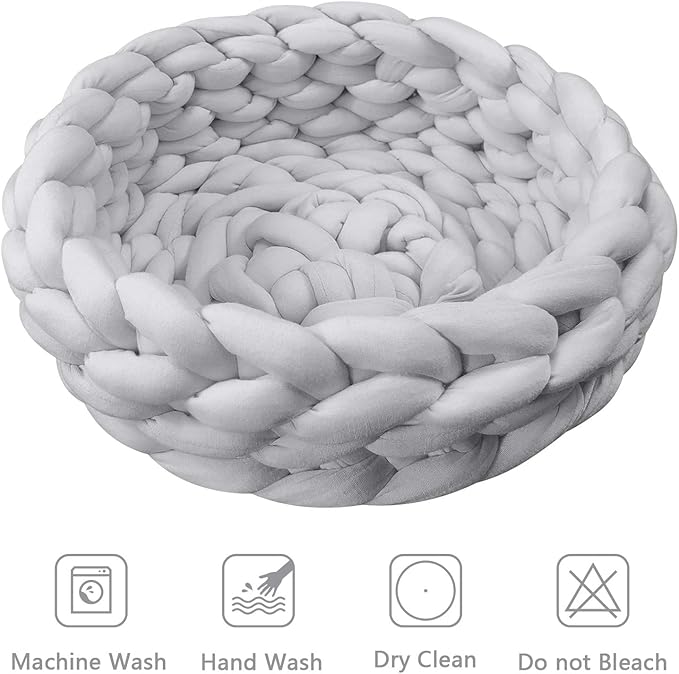 Lucky Monet Cat Basket Bed Cotton Knitted Round Pet Beds for Cats Cute Boho Cat Pet Bed Warm Woven Cat Nest for Puppy Kitten Cats Dogs (15.7", Light Gray)