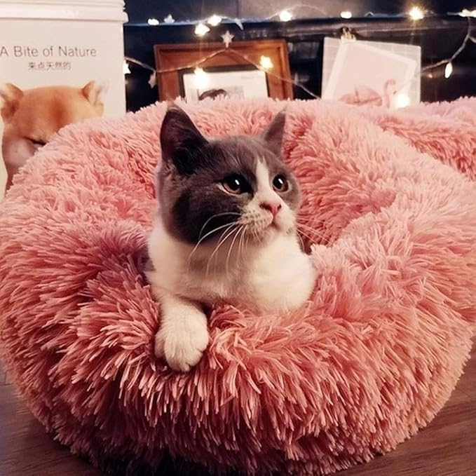 otoez Round Donut Dog Bed for Medium Dogs, Washable Calming Dog Bed Cuddler Anti Anxiety Fluffy Dog Cat Bed with Non-Slip Waterproof Bottom (27.6", Pink)