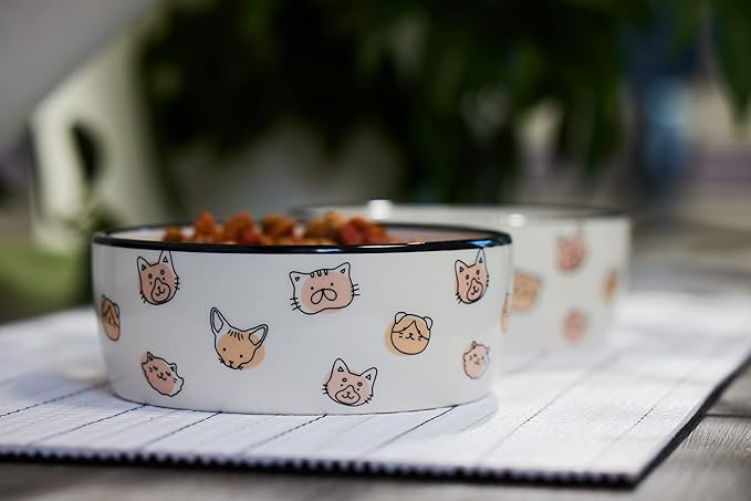 Pearhead Cat Faces Pattern Ceramic Pet Bowl, Holds 2 Cups, Medium Water and Food Dish, Microwave and Dishwasher Safe