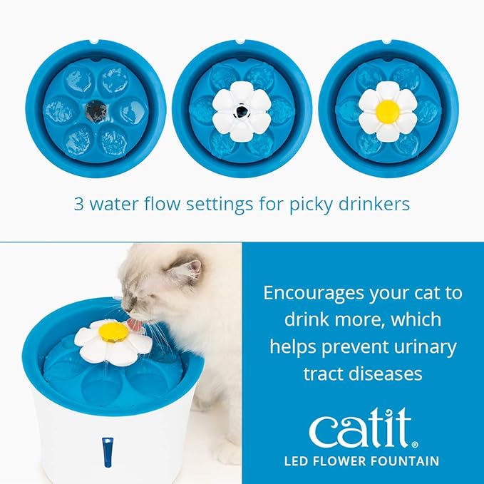 Catit LED Flower Fountain with Triple Action Filter, Cat Drinking Water Fountain, Blue, 3 L