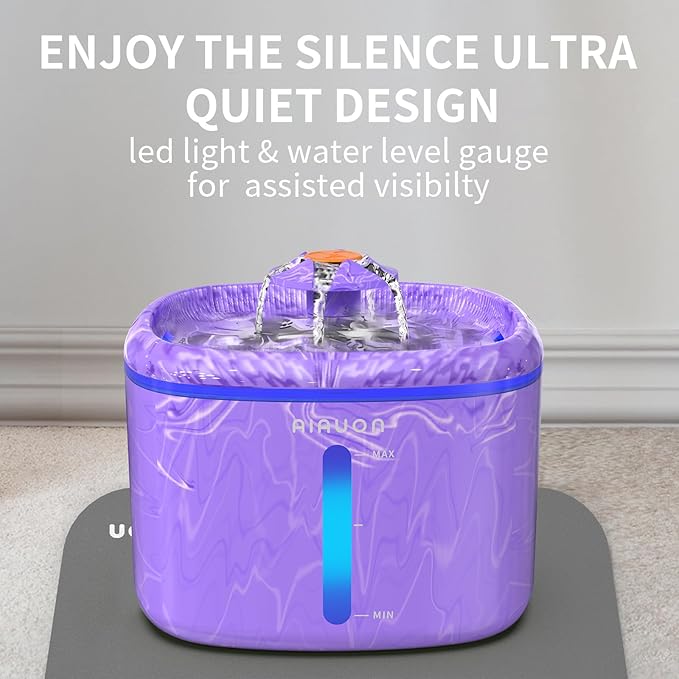Cat Water Fountain 84oz/2.5L - Automatic Pet Fountain & Dog Water Dispenser with Replacement Filters & Feeding Mat for Cats, Dogs, Multiple Pets (Camouflage Purple)