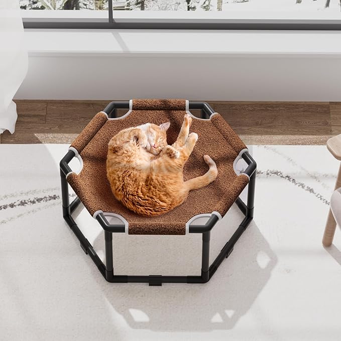 Tresbro Cat Bed, Hexagon Warm Elevated Cat Bed with Thick Teddy Velvet & Anti-Slip Pads, Raised Cat Hammock Bed for Indoor and Outdoor Use, 20.5'' x 18'' x 9.4'' Cat Hammock for Medium to Small Cats