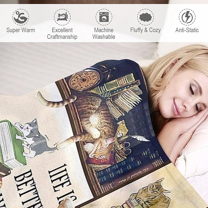 Read Blanket Cat Gifts for Reader Girls Boys Woman Kids Cat Lover Reading Book Throw Blankets Soft Blanket Warm Fleece Flannel Plush Blankets for Bed Sofa Couch 50"x60"