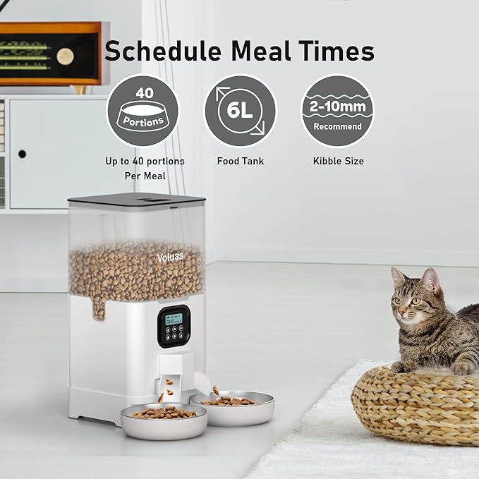 Voluas Automatic Cat Feeder for Two Cats, Double Pet Feeder with 2 Stainless Steel Bowls,6L Timed Cat Feeder with Memory Function, Pet Food Dish