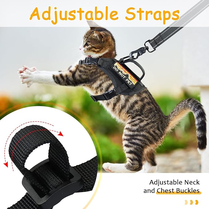 Tactical Cat Harness for Walking, Adjustable Escape Proof Pet Vest for Large Cat,Easy Control Breathable Cat Vest with Handle,Molle Patches (Black, L)