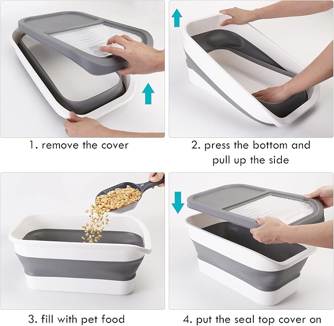 Pet Food Storage Containers, Collapsible Cat Food Container with Transparent Sliding Lid,10-13 lb Plastic Dog Food Bin with Measuring Cup and Dog Food Scoop