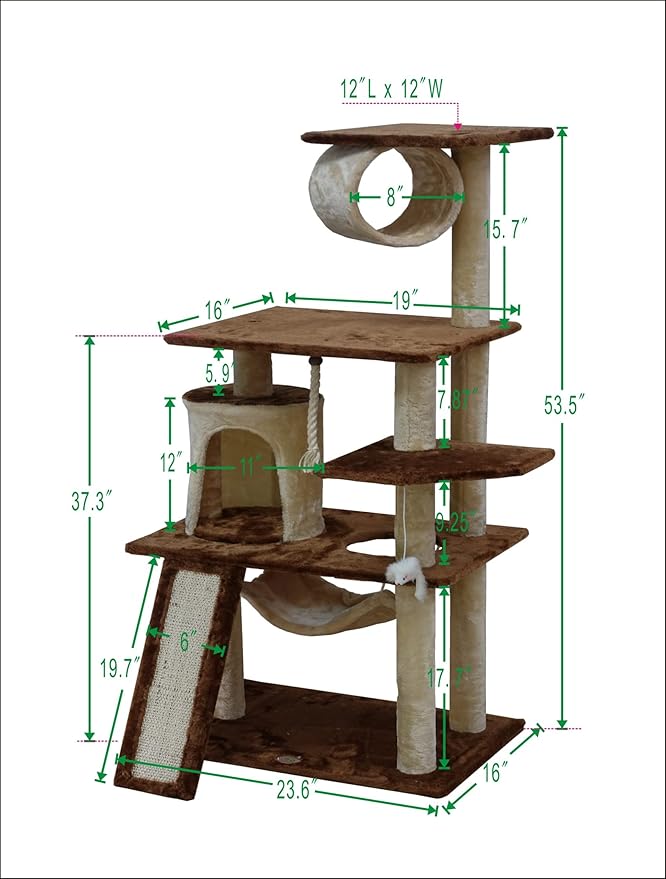 Go Pet Club Everyday Value 53in Cat Tree Kitty Tower Kitten Scratcher Condo House Furniture with Hammock and Tunnel Indoor Cat Activity Center, Beige/Brown