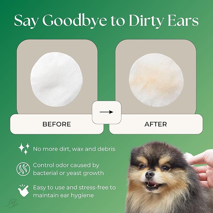 Ear Cleaning Wipes for Dogs and Cats 180 Count | for Small-Medium Breeds | Soothes, Deodorizes, Removes Ear Wax, Ear Relief | Gentle, Aloe Based, Fragrance-Free, pH-Balanced Formula