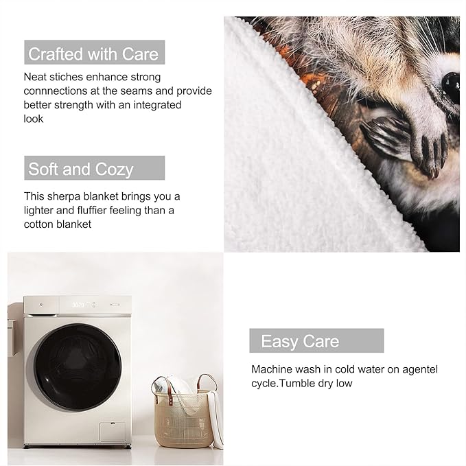 Raccoon Sherpa Blanket, Animal Print Fleece Throw Blankets for Couch Sofa Bed, Super Soft Warm and Lightweight, 60" x 80"