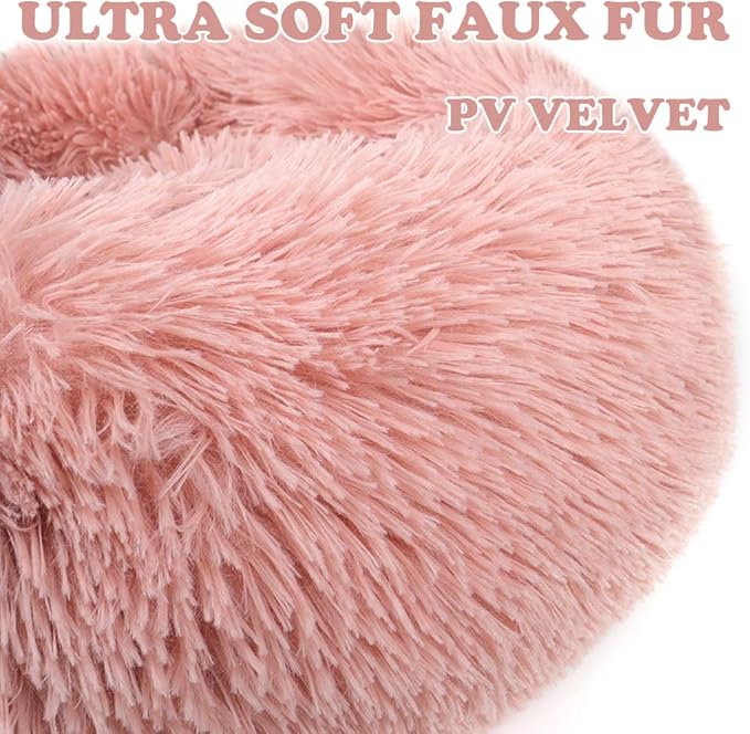 otoez Round Donut Dog Bed for Medium Dogs, Washable Calming Dog Bed Cuddler Anti Anxiety Fluffy Dog Cat Bed with Non-Slip Waterproof Bottom (27.6", Pink)