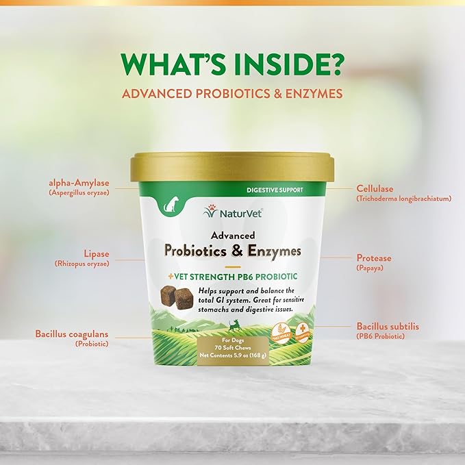 NaturVet Advanced Probiotics and Enzymes Supplement, Plus Vet Strength PB6 Probiotic, Soft Chews, Made in The USA with Globally Source Ingredients 70 Soft Chews