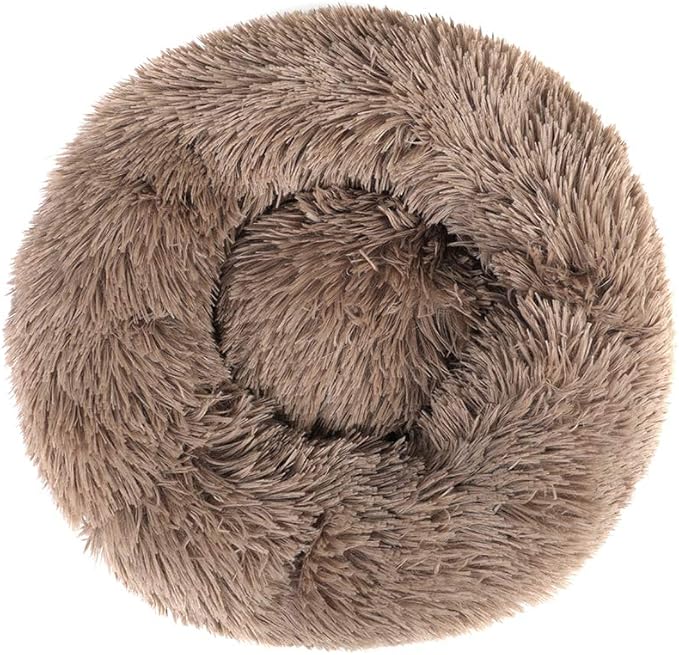 otoez Round Donut Dog Bed for Small Dogs, Washable Calming Dog Bed Cuddler Anti Anxiety Fluffy Dog Cat Bed with Non-Slip Waterproof Bottom (23.6", Khaki)