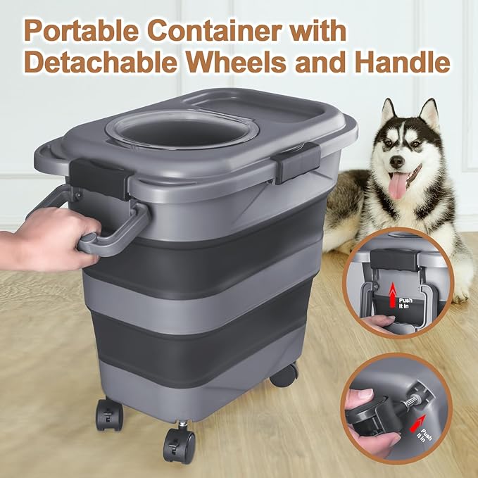 Dog Food Storage Container,10-20 lbs Airtight Collapsible Cat Food Storage Container with Attachable Wheels, Portable Handle, Dog Food Scoop for Dog Cat Bird Pet Dry Food Storage Bin Medium Pack of 2