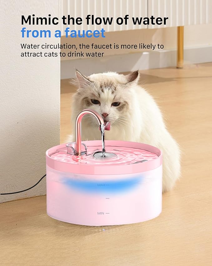 Cat Water Fountain with Tap Shape: 3.2L Cat Fountain for Cats - Super Quiet Water Pump - Filters Hair - Easy Disassembly - 6 Filters + 3 Foam Filters - Pink Cat Fountains for Drinking