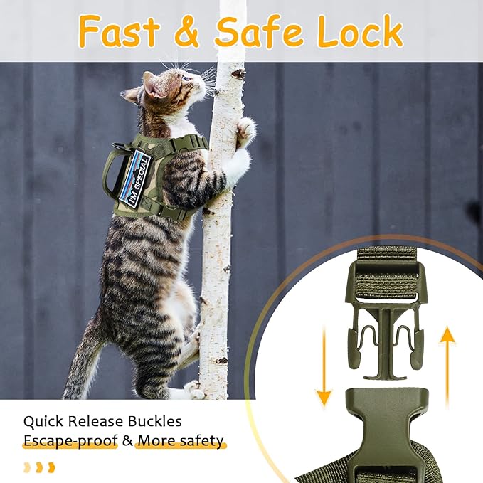 Tactical Cat Harness for Walking, Adjustable Escape Proof Pet Vest for Large Cat,Easy Control Breathable Cat Vest with Handle,Molle Patches (Camo Green, L)