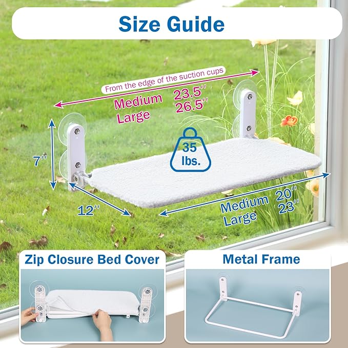 Easy Fold Cat Window Perch - Cordless, Fold-Up, Zip Closure Embeded Machine Washable Bed Cover, Robust Metal Frame - Cat Hammock for Window for Large Cats and Kittens (White, Large)