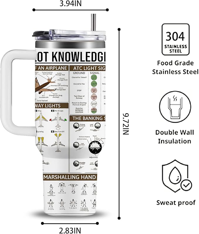 Pilot Gifts Men, Aviation Gifts, 40oz Aviation Coffee Cups Tumbler with Handle, Pilot Mug for Men, Birthday Retirement Gift for Aviator, Valentine Gifts for Pilot Men Dad Son Husband Boyfriend