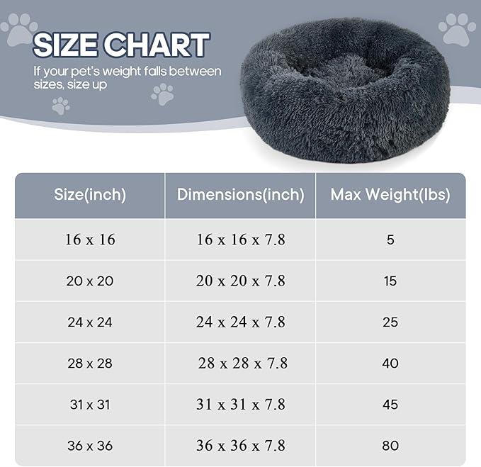 Calming Round Cute Cat & Dog Bed, Anti-Slip Washable Cozy Soft Round Pet Bed, Fluffy Faux Fur Plush Dog Cuddler Bed Fits up to 25 lbs Dogs and Cats(Donut Dark Grey, 24inch x 24inch)