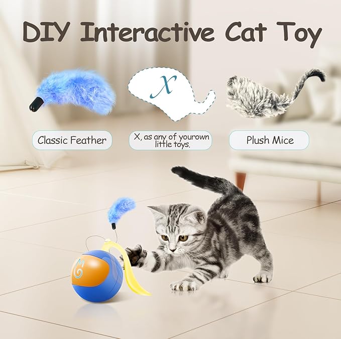 Migipaws Interactive Cat Ball Toy Set, Fun Tracker, Automatic Rolling Chase Ball with Fluffy Tail, A Small Mice, Rechargeable(Blue)