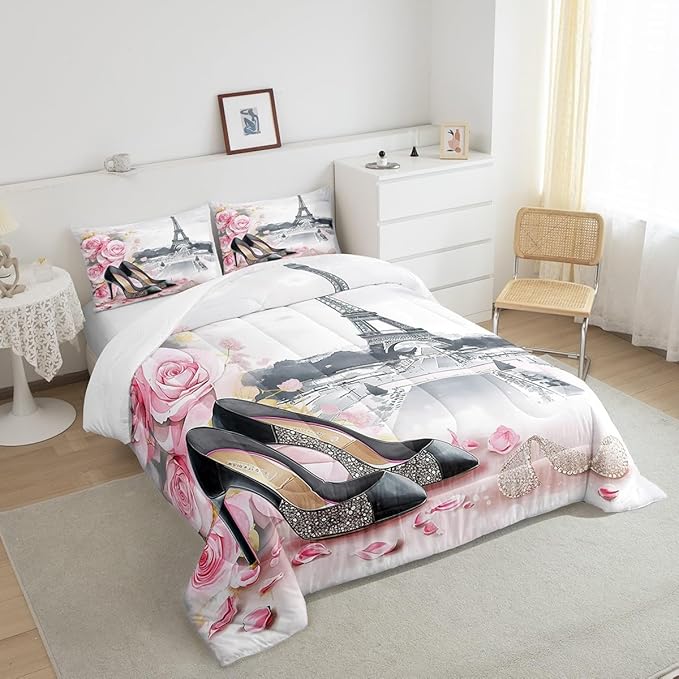 High-Heeled Shoes Princess Kids Comforter Set Twin Size,Roses Flowers Paris Eiffel Tower Bedding Set,Women Girls Room Decor,Glitter Diamond Romantic Down Comforter,Pink Duvet Insert,1 Pillowcase