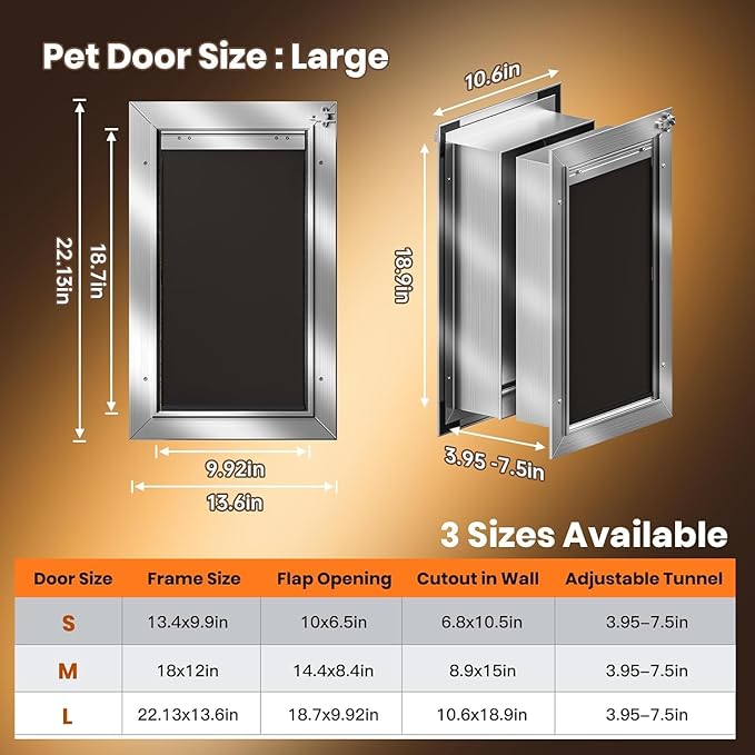Dog Door for Wall, Doggy Door Large, Heavy Duty Pet Door, All Aluminum Alloy Frame, Double Magnetic Flaps, Energy Efficient, Wide Telescoping Tunnel for Wall, Sliding Lock Panel (Pets Up to 110 Lb)