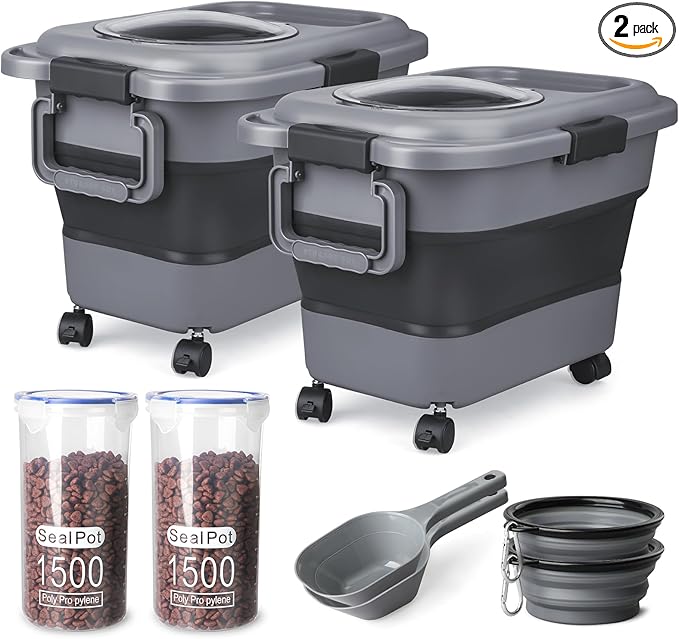 Dog Food Storage Container,10-20 lbs Airtight Collapsible Cat Food Storage Container with Attachable Wheels, Portable Handle, Dog Food Scoop for Dog Cat Bird Pet Dry Food Storage Bin Medium Pack of 2