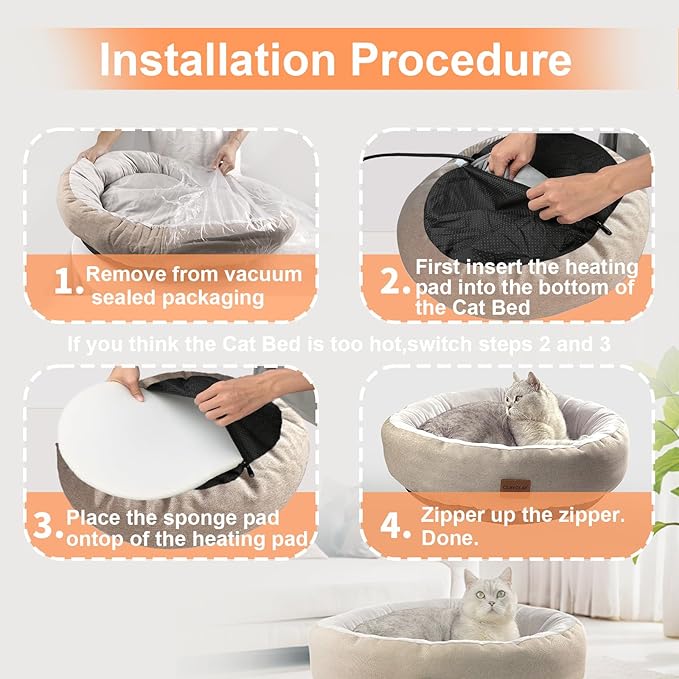 Heated Cat Bed,Round Heated Cat Bed for Indoor Cats, 20" Cozy Washable Heated Cat Bed with Timer & Temperature Adjustable,Non-Slip Bottom,Removable,Pet Heating Pad with Waterproof