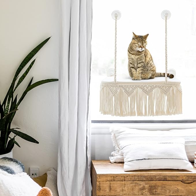 Dahey Macrame Cat Window Perch Boho Cat Hammock Wall Mounted Pet Resting Seat Bed for Indoor Cats Safety Space Saving kitty Swing Shelf with Tassel Holds up to 45 lbs with Screw Suction Cups, Gift