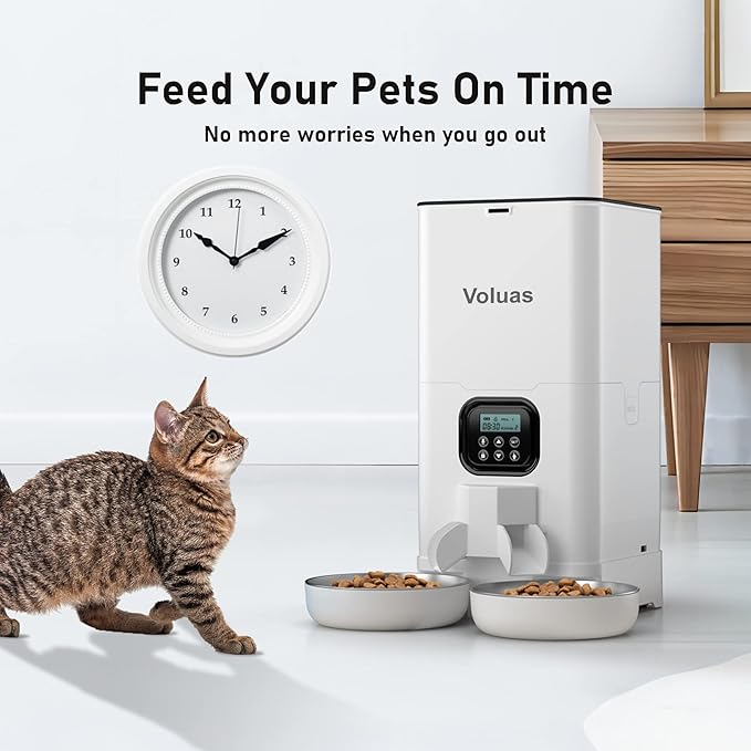 Voluas Automatic Cat Feeder for Two Cats, Double Pet Feeder with 2 Stainless Steel Bowls,6L Timed Cat Feeder with Memory Function, Pet Food Dish