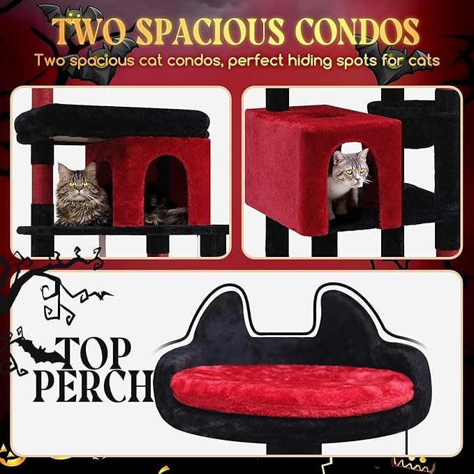 S72 Heavy Duty Gothic Cat Tree, 72in Large Cat Tower with Coffin Bed, Sturdy Maine Coon Cat Tree for Large Cats 20 lbs+, Medieval Castle Style with 6 Scratching Posts & Hammock, Black & Red