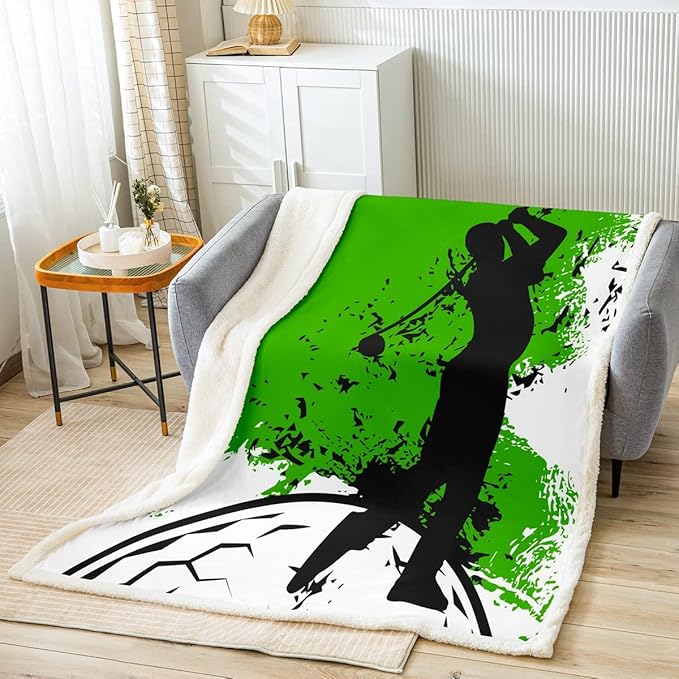 Erosebridal Golf Fleece Blanket,Golf Balls Sherpa Blanket Baby Sport Game Theme Blanket Green Black White Throw Blanket for Sofa Boys Room Decorative Blanket Teens Adults Bedroom Decor