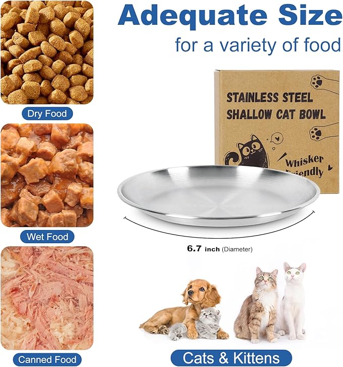 Supet Cat Plates for Wet Food, Non Slip Cat Food Bowls Whisker Friendly, Stainless Steel Shallow Wide Cat Dishes for Indoor Cats (13Oz, 2Pcs)