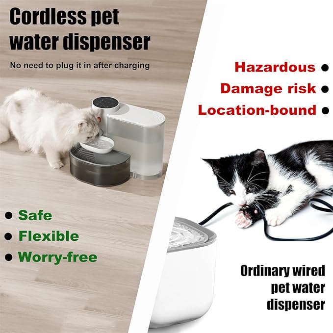 Smart Pet Water Fountain, Automatic Small Dog Water Fountain, Wireless Cat Water Fountain with Self-Filling Water Bowl, Cat Water Dispenser No Filter, Rechargeable, Noiseless, Long Battery Life