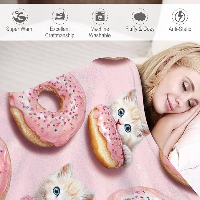 Donut Cat Blanket Donut Gifts for Girls Boys Woman Kids Donut Cat Lover Throw Blankets Soft Blanket Warm Fleece Flannel Plush Blankets for Bed Sofa Couch 60"x80"