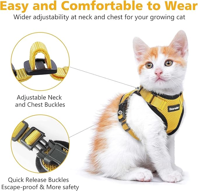Dooradar Cat Harness and Leash Set, Escape Proof Safe Adjustable Kitten Vest Harnesses for Walking, Easy Control Soft Breathable Mesh Jacket with Reflective Strips for Cats, Yellow, XXS