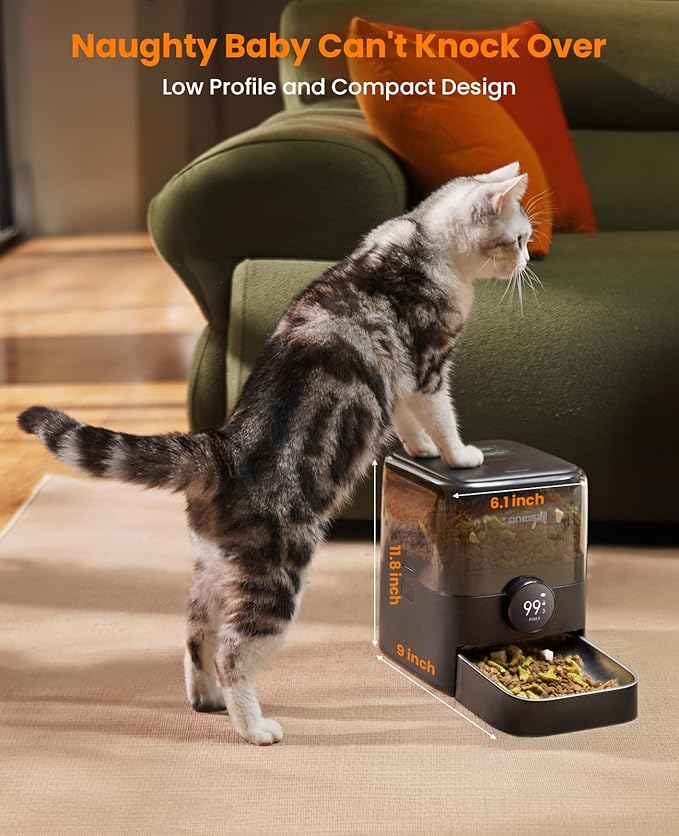 oneisall Automatic Cat Feeder, WiFi Rechargeable Cordless Pet Feeder, 100 Day Battery Operated Pet Feeder, 3L Timed Cat Food Dispenser for Large Kibble, Smart App Control, Black