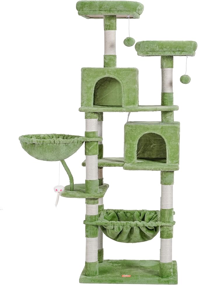 Heybly Cat Tree, 70 inches Tall Cat Tower condo with Toy for Indoor Large Cats, Cat House Furniture with Padded Plush Perch,Cozy Hammock and Sisal Scratching Posts,Green HCT032GR