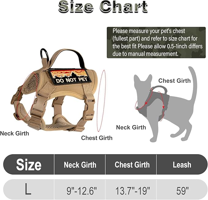Tactical Cat Harness for Walking, Adjustable Escape Proof Pet Vest for Large Cat,Easy Control Breathable Cat Vest with Handle,Molle Patches (Khaki, L)